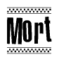 The image contains the text Mort in a bold, stylized font, with a checkered flag pattern bordering the top and bottom of the text.