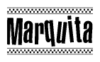 The clipart image displays the text Marquita in a bold, stylized font. It is enclosed in a rectangular border with a checkerboard pattern running below and above the text, similar to a finish line in racing. 