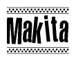 The image is a black and white clipart of the text Makita in a bold, italicized font. The text is bordered by a dotted line on the top and bottom, and there are checkered flags positioned at both ends of the text, usually associated with racing or finishing lines.
