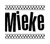The image is a black and white clipart of the text Mieke in a bold, italicized font. The text is bordered by a dotted line on the top and bottom, and there are checkered flags positioned at both ends of the text, usually associated with racing or finishing lines.