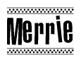 The image contains the text Merrie in a bold, stylized font, with a checkered flag pattern bordering the top and bottom of the text.