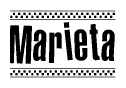The image contains the text Marieta in a bold, stylized font, with a checkered flag pattern bordering the top and bottom of the text.