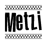 The clipart image displays the text Metzi in a bold, stylized font. It is enclosed in a rectangular border with a checkerboard pattern running below and above the text, similar to a finish line in racing. 