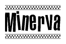 The image contains the text Minerva in a bold, stylized font, with a checkered flag pattern bordering the top and bottom of the text.