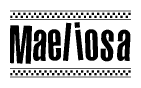 The image is a black and white clipart of the text Maeliosa in a bold, italicized font. The text is bordered by a dotted line on the top and bottom, and there are checkered flags positioned at both ends of the text, usually associated with racing or finishing lines.