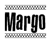 The image contains the text Margo in a bold, stylized font, with a checkered flag pattern bordering the top and bottom of the text.