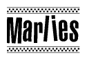 The image is a black and white clipart of the text Marlies in a bold, italicized font. The text is bordered by a dotted line on the top and bottom, and there are checkered flags positioned at both ends of the text, usually associated with racing or finishing lines.