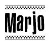 The image is a black and white clipart of the text Marjo in a bold, italicized font. The text is bordered by a dotted line on the top and bottom, and there are checkered flags positioned at both ends of the text, usually associated with racing or finishing lines.