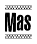 The image contains the text Mas in a bold, stylized font, with a checkered flag pattern bordering the top and bottom of the text.