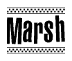 The image contains the text Marsh in a bold, stylized font, with a checkered flag pattern bordering the top and bottom of the text.