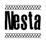 The image is a black and white clipart of the text Nesta in a bold, italicized font. The text is bordered by a dotted line on the top and bottom, and there are checkered flags positioned at both ends of the text, usually associated with racing or finishing lines.