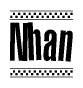 The clipart image displays the text Nhan in a bold, stylized font. It is enclosed in a rectangular border with a checkerboard pattern running below and above the text, similar to a finish line in racing. 