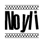 The image contains the text Noyli in a bold, stylized font, with a checkered flag pattern bordering the top and bottom of the text.