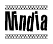 The image is a black and white clipart of the text Nindia in a bold, italicized font. The text is bordered by a dotted line on the top and bottom, and there are checkered flags positioned at both ends of the text, usually associated with racing or finishing lines.