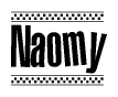 The image contains the text Naomy in a bold, stylized font, with a checkered flag pattern bordering the top and bottom of the text.