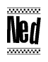 The image contains the text Ned in a bold, stylized font, with a checkered flag pattern bordering the top and bottom of the text.