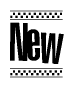 The image is a black and white clipart of the text New in a bold, italicized font. The text is bordered by a dotted line on the top and bottom, and there are checkered flags positioned at both ends of the text, usually associated with racing or finishing lines.