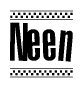 The clipart image displays the text Neen in a bold, stylized font. It is enclosed in a rectangular border with a checkerboard pattern running below and above the text, similar to a finish line in racing. 