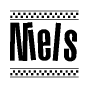 The image is a black and white clipart of the text Niels in a bold, italicized font. The text is bordered by a dotted line on the top and bottom, and there are checkered flags positioned at both ends of the text, usually associated with racing or finishing lines.
