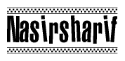 The image contains the text Nasirsharif in a bold, stylized font, with a checkered flag pattern bordering the top and bottom of the text.