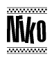 The image is a black and white clipart of the text Niko in a bold, italicized font. The text is bordered by a dotted line on the top and bottom, and there are checkered flags positioned at both ends of the text, usually associated with racing or finishing lines.