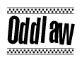 The image is a black and white clipart of the text Oddlaw in a bold, italicized font. The text is bordered by a dotted line on the top and bottom, and there are checkered flags positioned at both ends of the text, usually associated with racing or finishing lines.