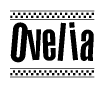 The clipart image displays the text Ovelia in a bold, stylized font. It is enclosed in a rectangular border with a checkerboard pattern running below and above the text, similar to a finish line in racing. 