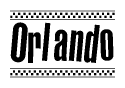 The image is a black and white clipart of the text Orlando in a bold, italicized font. The text is bordered by a dotted line on the top and bottom, and there are checkered flags positioned at both ends of the text, usually associated with racing or finishing lines.