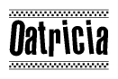 The image contains the text Oatricia in a bold, stylized font, with a checkered flag pattern bordering the top and bottom of the text.