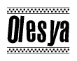 The image is a black and white clipart of the text Olesya in a bold, italicized font. The text is bordered by a dotted line on the top and bottom, and there are checkered flags positioned at both ends of the text, usually associated with racing or finishing lines.