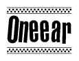 The image is a black and white clipart of the text Oneear in a bold, italicized font. The text is bordered by a dotted line on the top and bottom, and there are checkered flags positioned at both ends of the text, usually associated with racing or finishing lines.