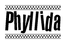 The image is a black and white clipart of the text Phyllida in a bold, italicized font. The text is bordered by a dotted line on the top and bottom, and there are checkered flags positioned at both ends of the text, usually associated with racing or finishing lines.