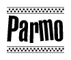 The image is a black and white clipart of the text Parmo in a bold, italicized font. The text is bordered by a dotted line on the top and bottom, and there are checkered flags positioned at both ends of the text, usually associated with racing or finishing lines.