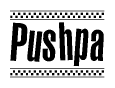 The image contains the text Pushpa in a bold, stylized font, with a checkered flag pattern bordering the top and bottom of the text.