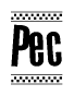 The image is a black and white clipart of the text Pec in a bold, italicized font. The text is bordered by a dotted line on the top and bottom, and there are checkered flags positioned at both ends of the text, usually associated with racing or finishing lines.