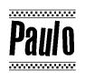 The image is a black and white clipart of the text Paulo in a bold, italicized font. The text is bordered by a dotted line on the top and bottom, and there are checkered flags positioned at both ends of the text, usually associated with racing or finishing lines.