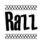 The image is a black and white clipart of the text Razz in a bold, italicized font. The text is bordered by a dotted line on the top and bottom, and there are checkered flags positioned at both ends of the text, usually associated with racing or finishing lines.