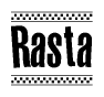 The clipart image displays the text Rasta in a bold, stylized font. It is enclosed in a rectangular border with a checkerboard pattern running below and above the text, similar to a finish line in racing. 