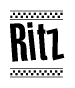 The image is a black and white clipart of the text Ritz in a bold, italicized font. The text is bordered by a dotted line on the top and bottom, and there are checkered flags positioned at both ends of the text, usually associated with racing or finishing lines.