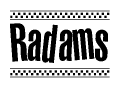 The image contains the text Radams in a bold, stylized font, with a checkered flag pattern bordering the top and bottom of the text.