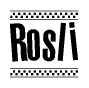 The image is a black and white clipart of the text Rosli in a bold, italicized font. The text is bordered by a dotted line on the top and bottom, and there are checkered flags positioned at both ends of the text, usually associated with racing or finishing lines.