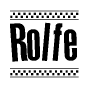 The clipart image displays the text Rolfe in a bold, stylized font. It is enclosed in a rectangular border with a checkerboard pattern running below and above the text, similar to a finish line in racing. 