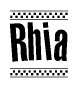 The image contains the text Rhia in a bold, stylized font, with a checkered flag pattern bordering the top and bottom of the text.