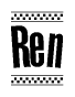 The image is a black and white clipart of the text Ren in a bold, italicized font. The text is bordered by a dotted line on the top and bottom, and there are checkered flags positioned at both ends of the text, usually associated with racing or finishing lines.