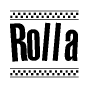 The clipart image displays the text Rolla in a bold, stylized font. It is enclosed in a rectangular border with a checkerboard pattern running below and above the text, similar to a finish line in racing. 