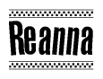 The image contains the text Reanna in a bold, stylized font, with a checkered flag pattern bordering the top and bottom of the text.
