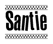 The image is a black and white clipart of the text Santie in a bold, italicized font. The text is bordered by a dotted line on the top and bottom, and there are checkered flags positioned at both ends of the text, usually associated with racing or finishing lines.