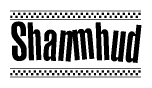 The image contains the text Shanmhud in a bold, stylized font, with a checkered flag pattern bordering the top and bottom of the text.