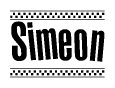 The image is a black and white clipart of the text Simeon in a bold, italicized font. The text is bordered by a dotted line on the top and bottom, and there are checkered flags positioned at both ends of the text, usually associated with racing or finishing lines.