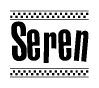 The image is a black and white clipart of the text Seren in a bold, italicized font. The text is bordered by a dotted line on the top and bottom, and there are checkered flags positioned at both ends of the text, usually associated with racing or finishing lines.